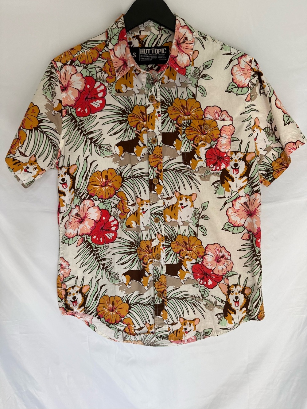 Hot Topic Tropical Corgi Vibes Floral Aloha Beach Shirt Size Small Cotton